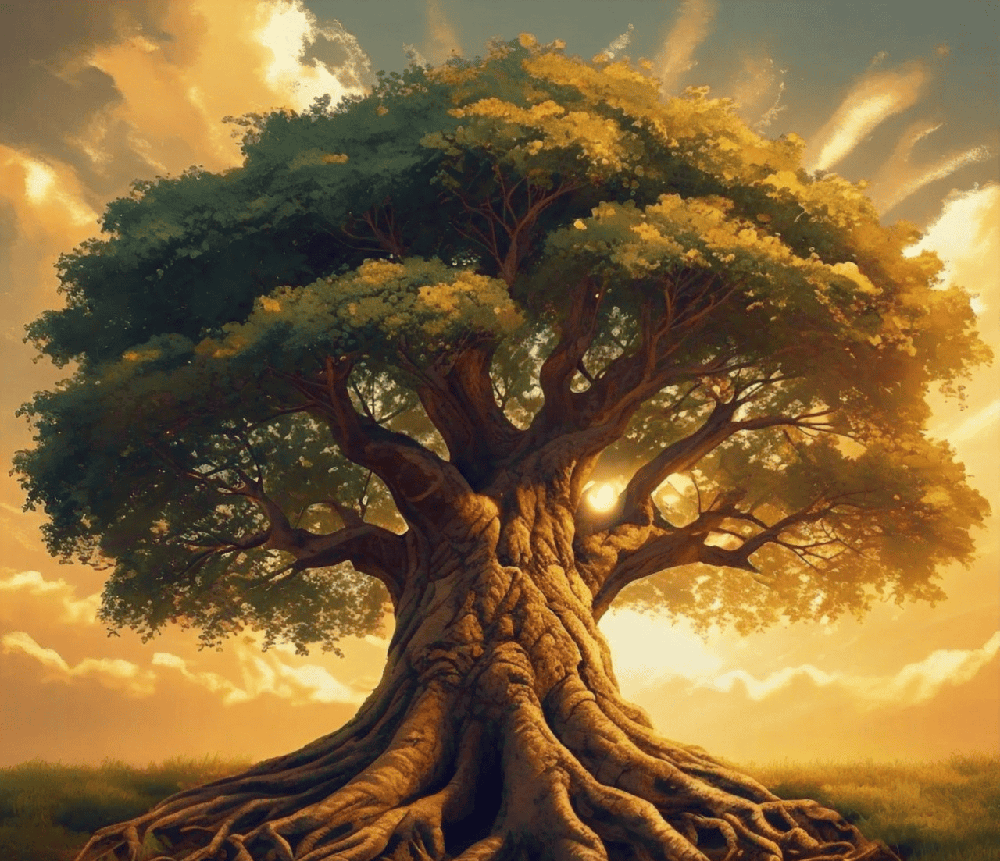 A majestic tree with deep roots or a building with a strong foundation, with a bright and uplifting background